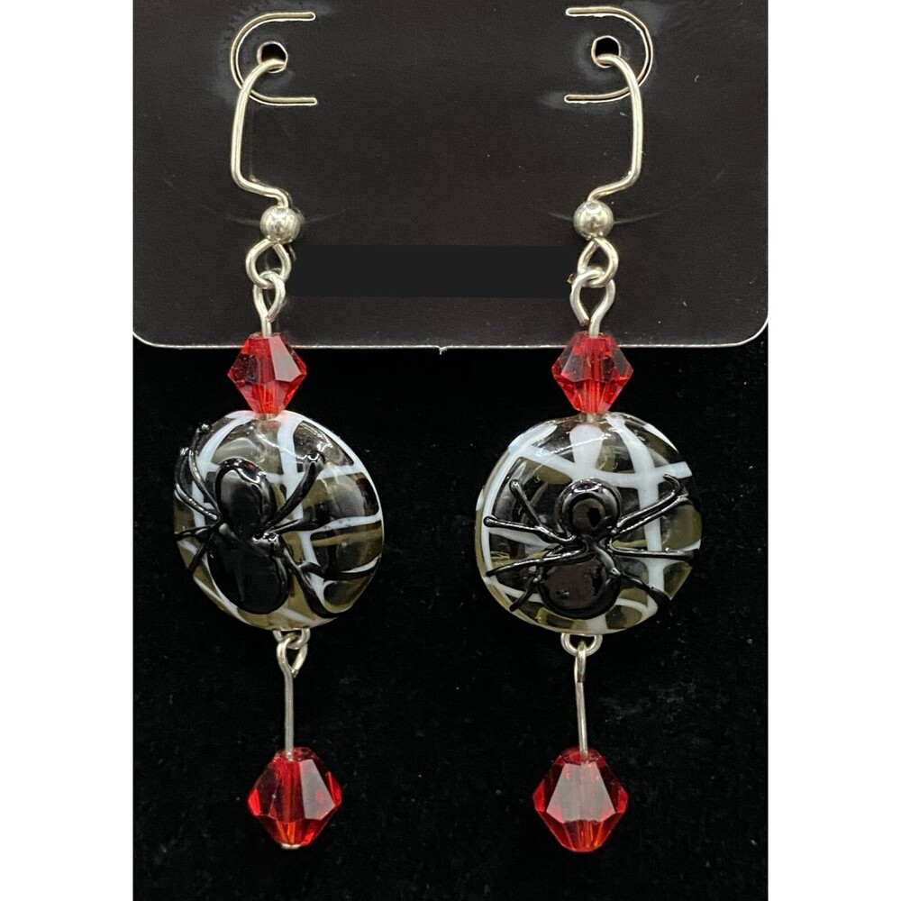 Handmade Spider & Web Glass Bead with Red Crystal Drop Earrings by Neanie-Bot